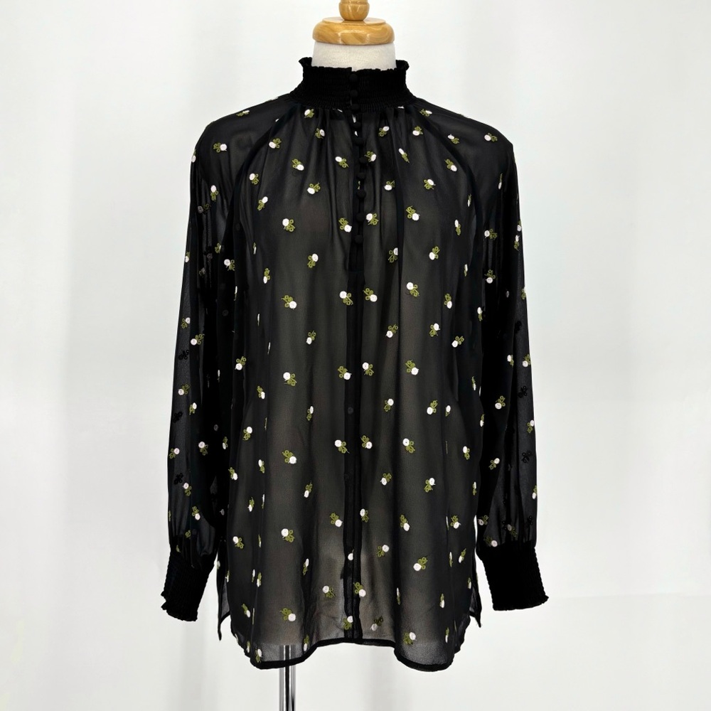 Cabi Embroidered Blouse # 5338, Sheer Black with Embroidered Roses, Small